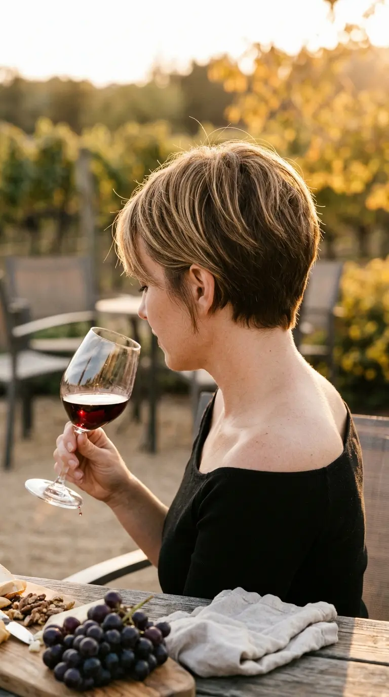 Three quarter back view of a short layered cut with fine babylights on top