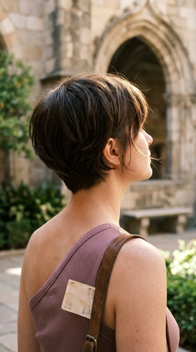 Three quarter back view of a short layered cut with a diagonal fringe