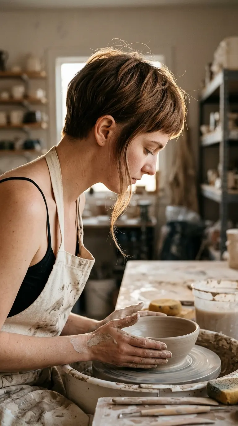 Side profile of a short layered cut with long wispy sideburn pieces