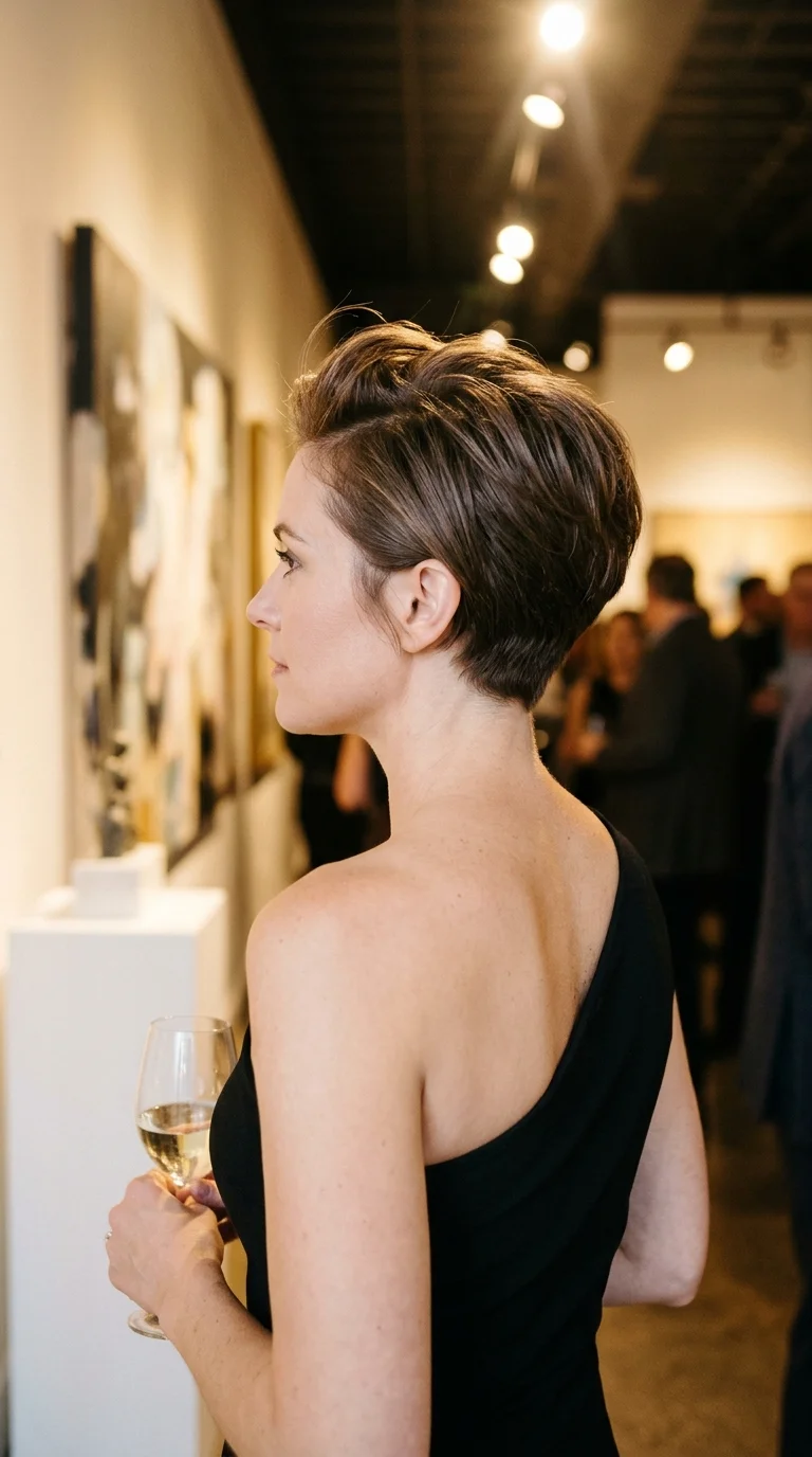 Three quarter back view of short brunette layers brushed back off the forehead