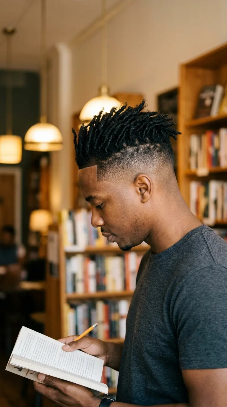 Side profile of a Black man with short locs on top and a high taper