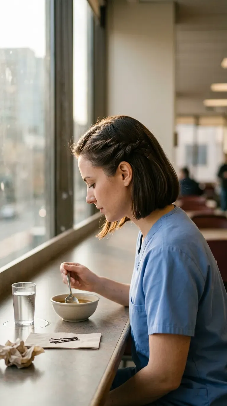 Side view of a bob pinned back with flat twists beside a cafeteria window