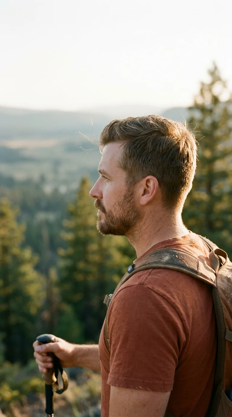 Three quarter back view of a short pointed beard at a mountain lookout