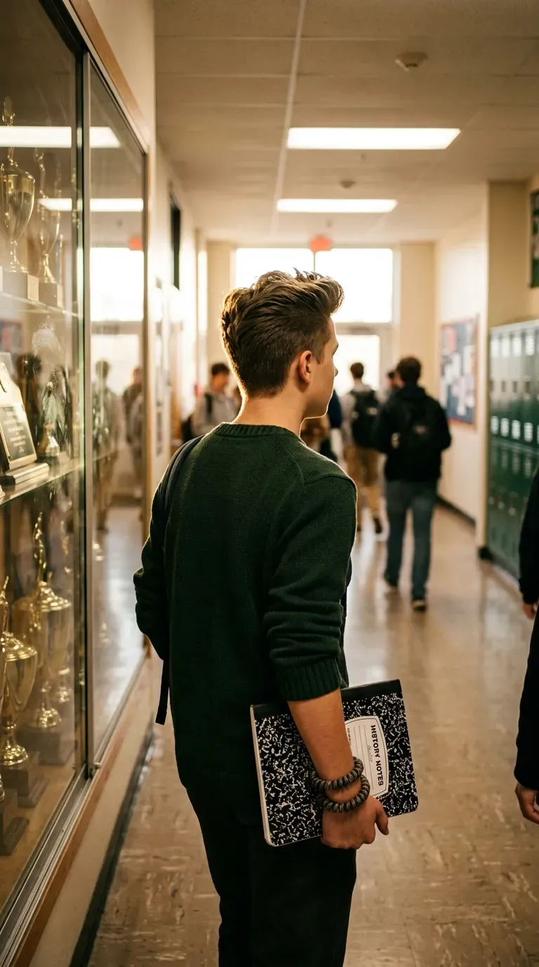 Teen boy with a short quiff brushed up and back in a hallway