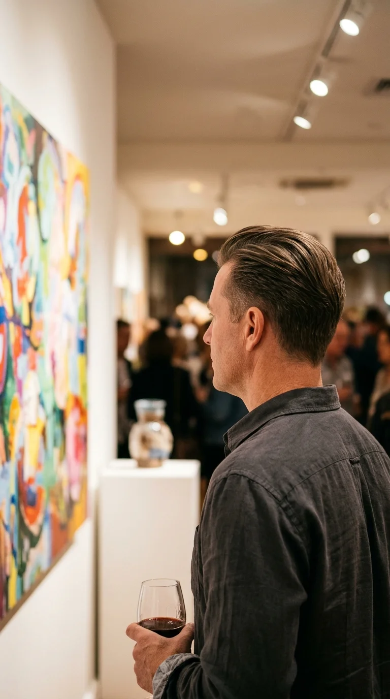 Three quarter back view of a short slick back on a man at a gallery