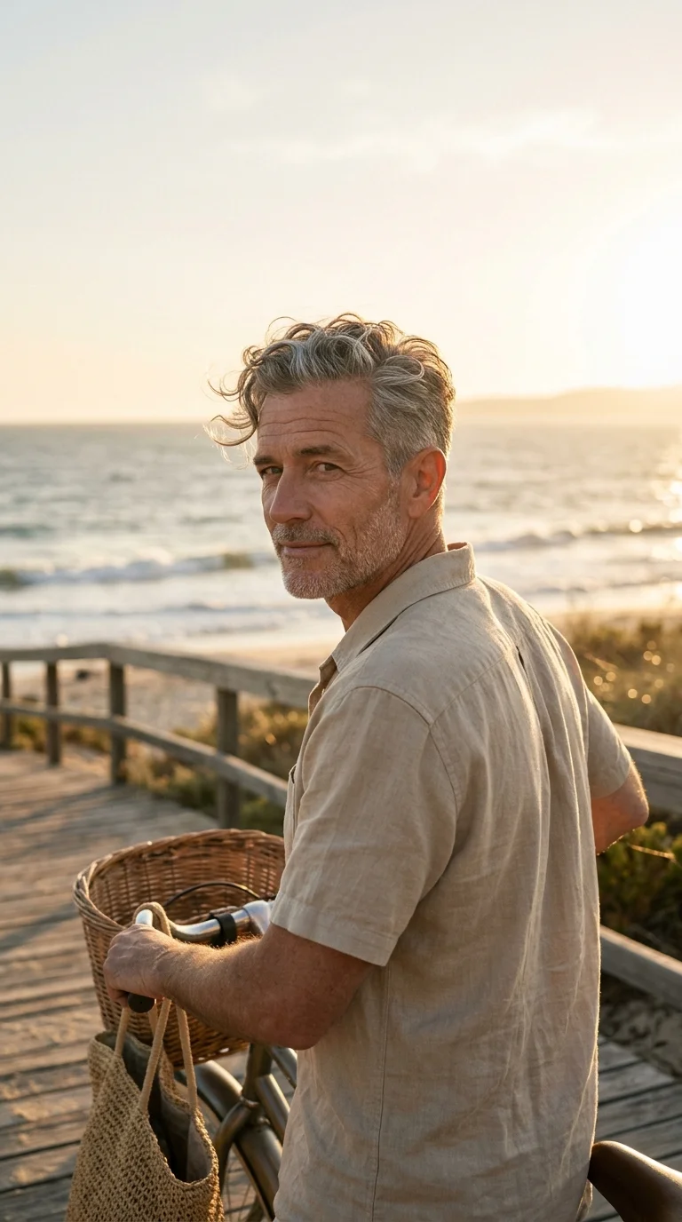 Over the shoulder view of a short wavy grey haircut on a boardwalk