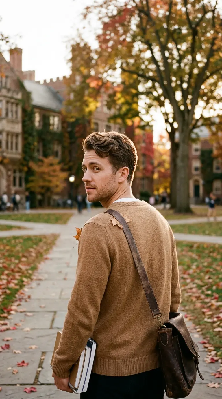 Over the shoulder view of a short wavy Ivy League haircut on a college campus