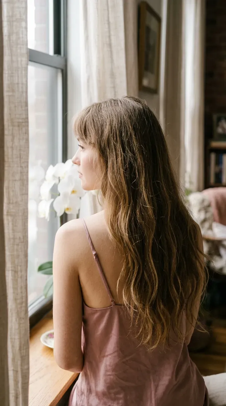 Light brown long hair with short wispy curtain bangs in profile by a window