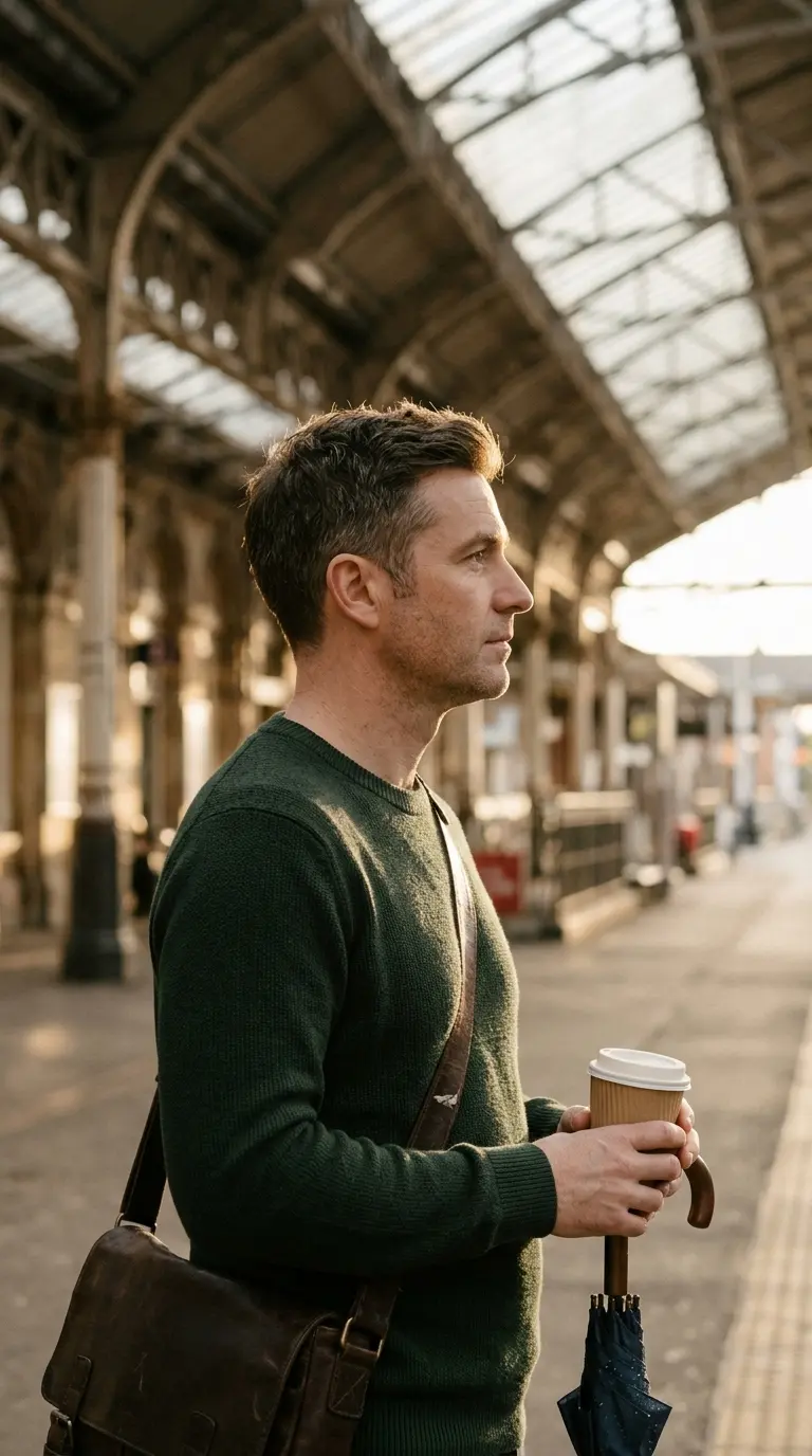 Side profile of a short haircut with a blended crown at a train station
