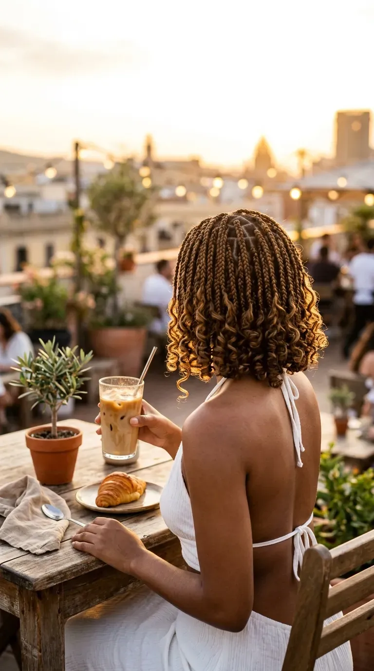 Shoulder length boho braided bob with bouncy curls at a sunny rooftop cafe