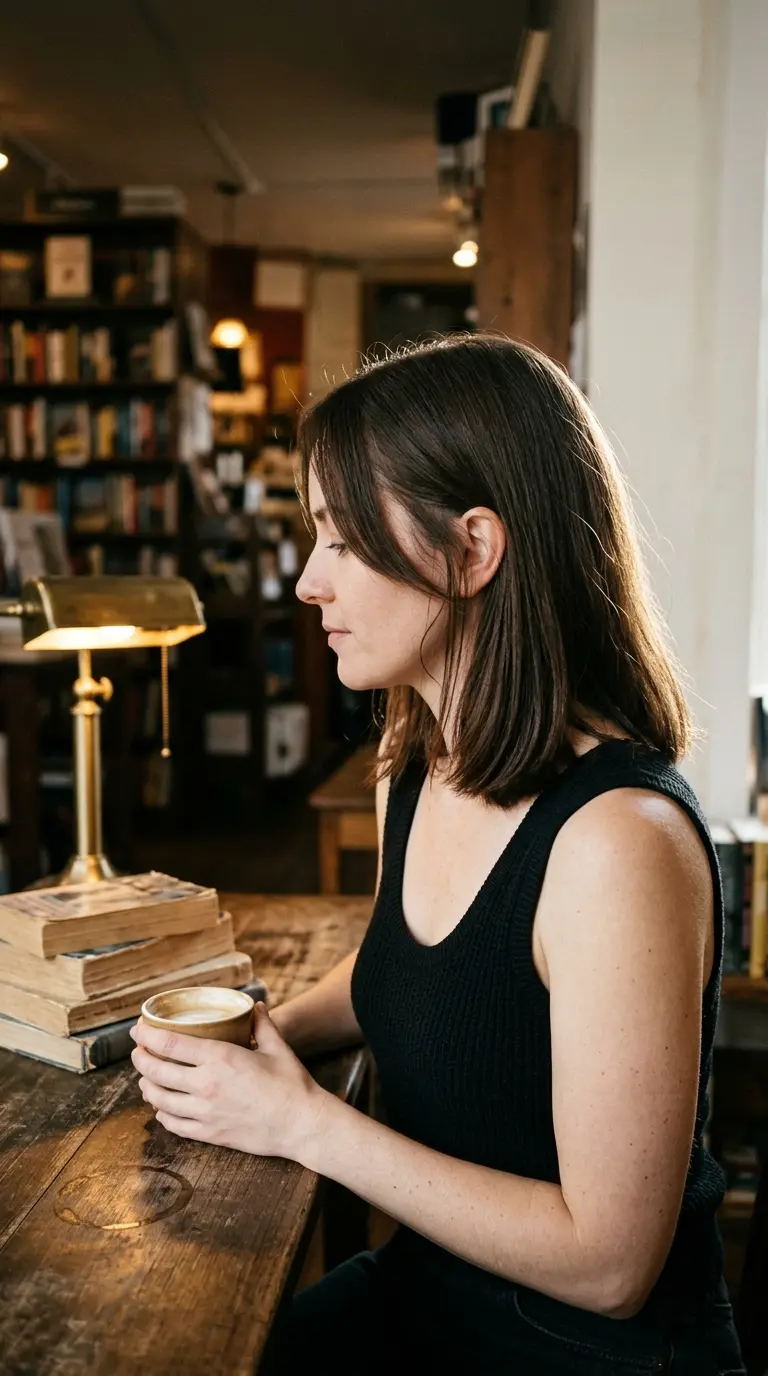 Side profile of a brunette shoulder length cut with hidden layers in a bookstore cafe