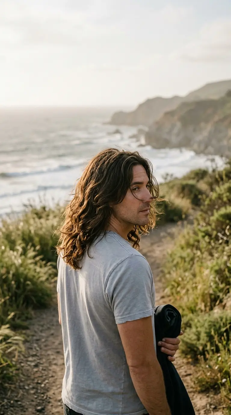 Three quarter back view of a man with shoulder length layered hair