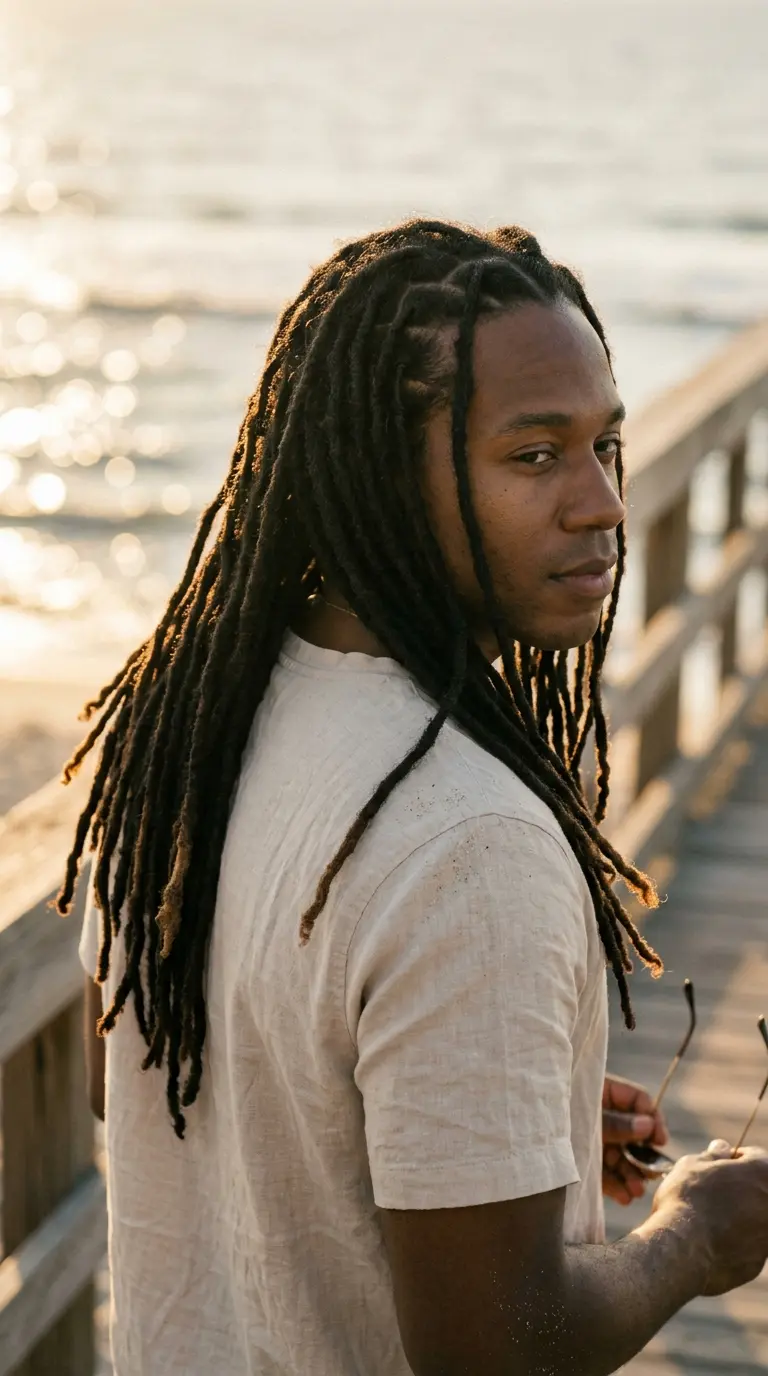 Over the shoulder view of a Black man with shoulder length locs worn down