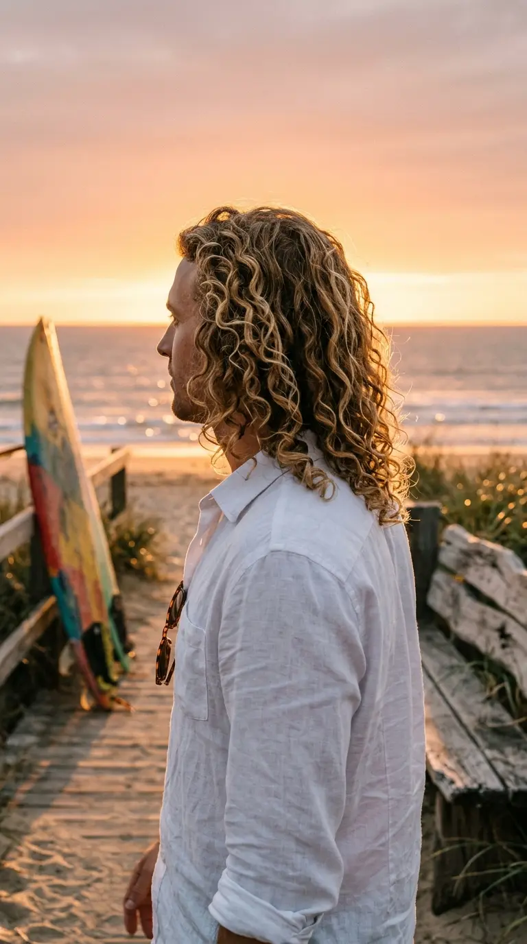Three quarter back view of a man with shoulder length loose curls at the beach