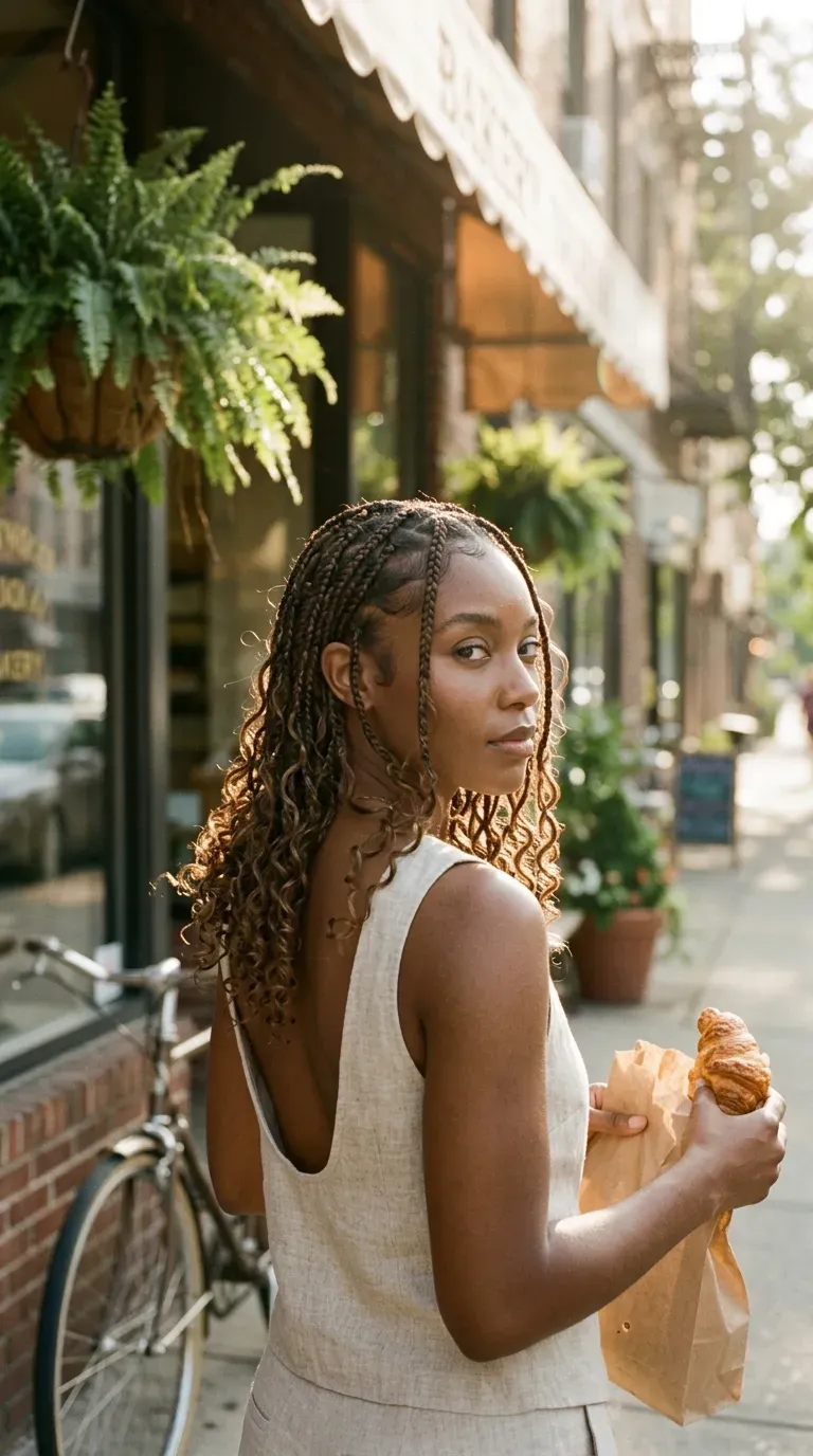 Over the shoulder view of shoulder length boho knotless braids with tucked back sides
