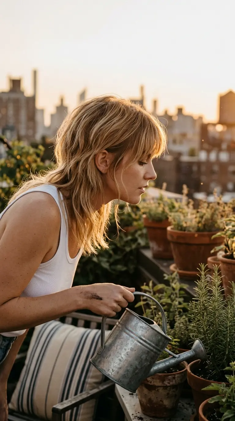 Side profile of a blonde shoulder shag with curtain bangs and lifted crown layers