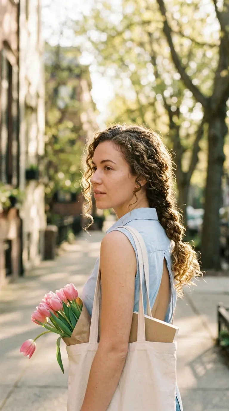 Three quarter view of a loose side braid with curly ends on sidewalk