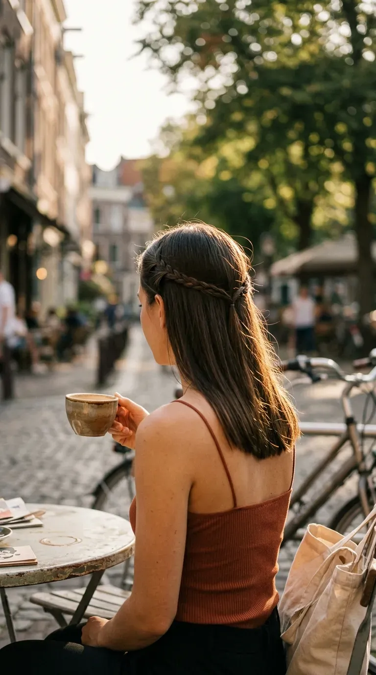 Back view of dark straight hair with a thin side braid pinned behind ear