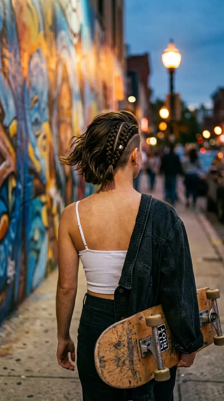 Three narrow Dutch braids along the edge of a shaved undercut at dusk
