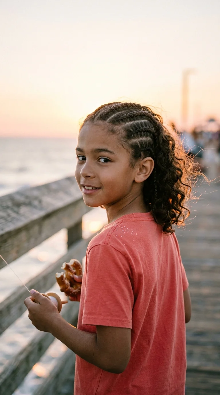 Three quarter back view of a boy with side cornrows and loose curly length
