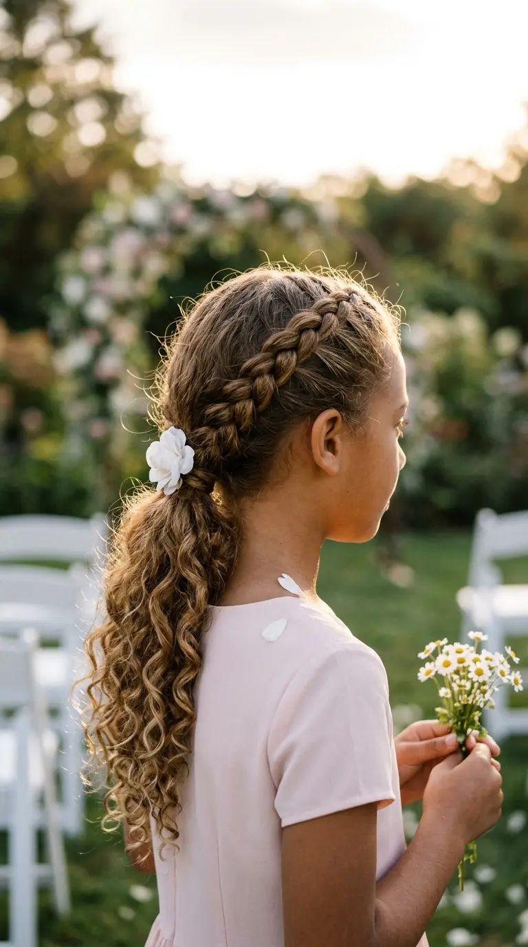 Three quarter back view of a mixed girl with a Dutch braid along one side and loose curls on the other at a garden wedding