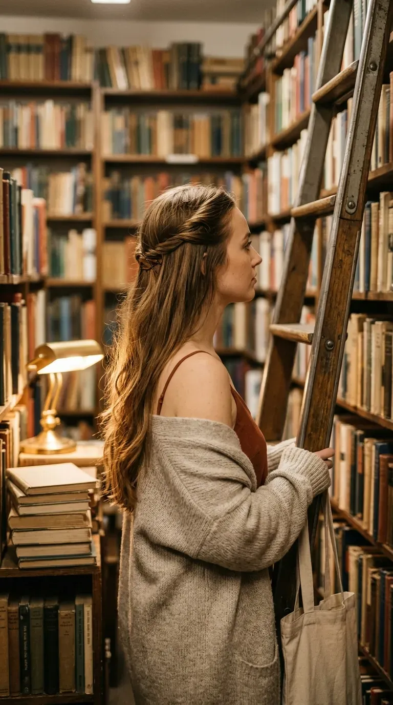 Side profile of a side fishtail braid over the shoulder beside a lake dock