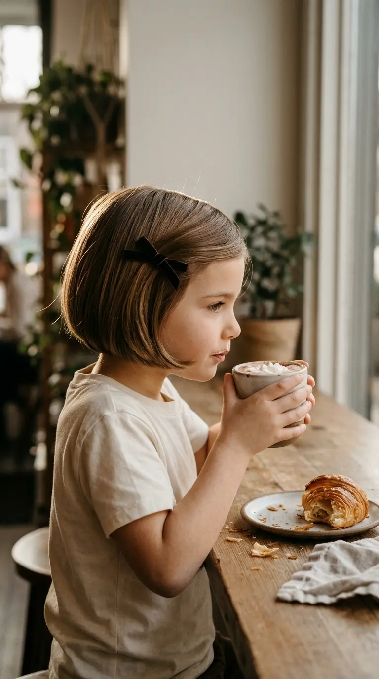 Side part bob with a bow barrette, one of the easiest kids hairstyles