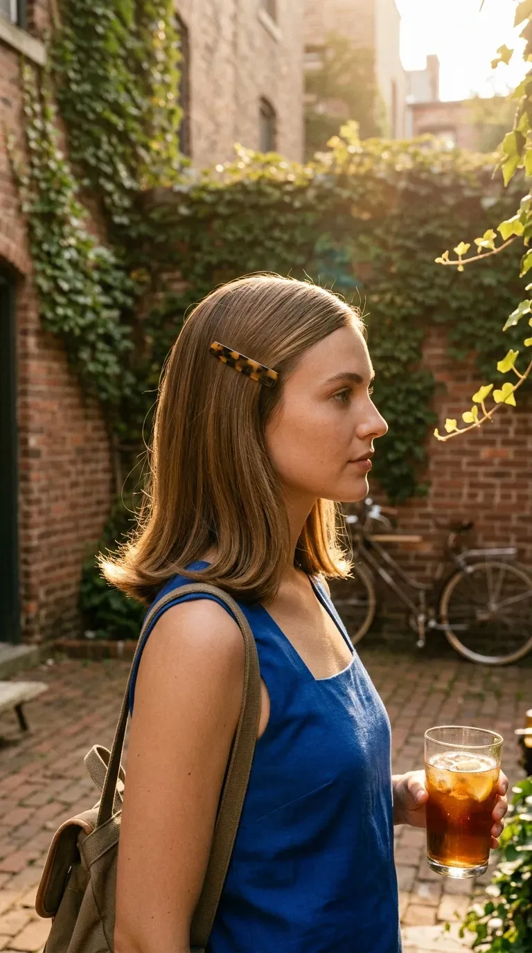 Three quarter front side view of a side part with a tortoise barrette