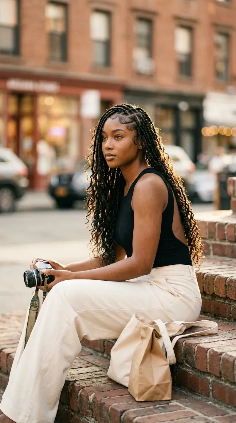 Three quarter view of side parted boho knotless braids with swoop curls on city steps