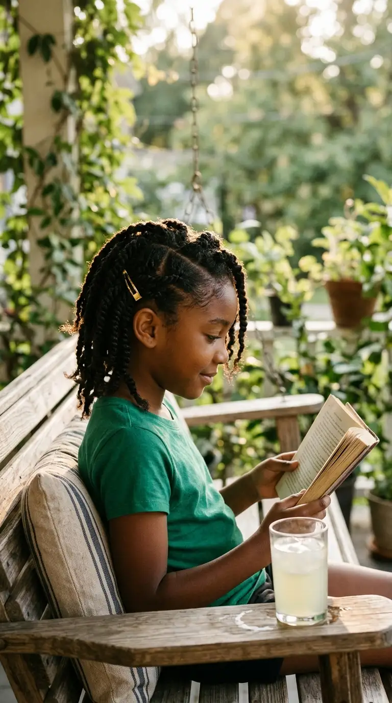 Side profile of a girl with side part two strand twists pinned behind one ear