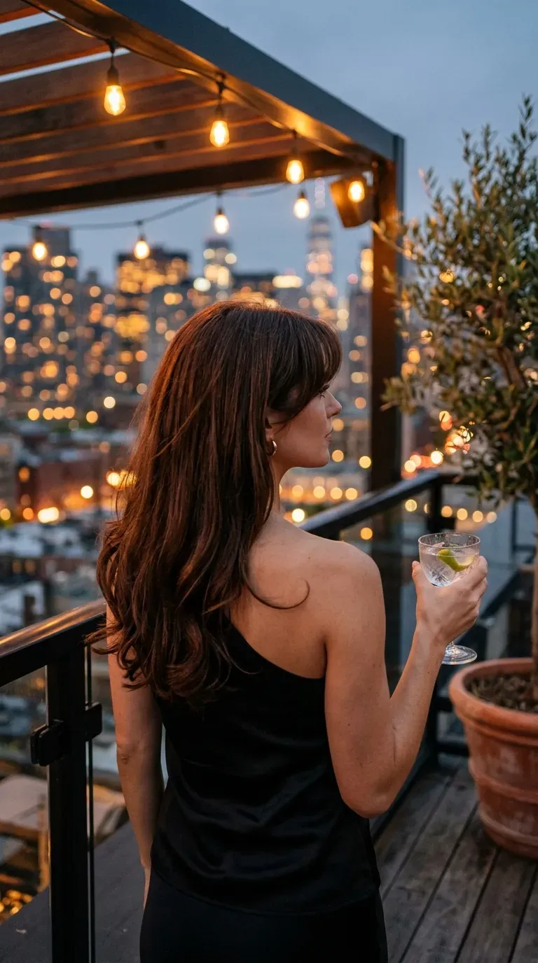 Brunette long hair with side parted curtain bangs sweeping one side on rooftop