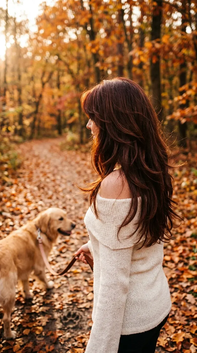 Dark auburn long layered hair with side swept bangs seen from behind on walk