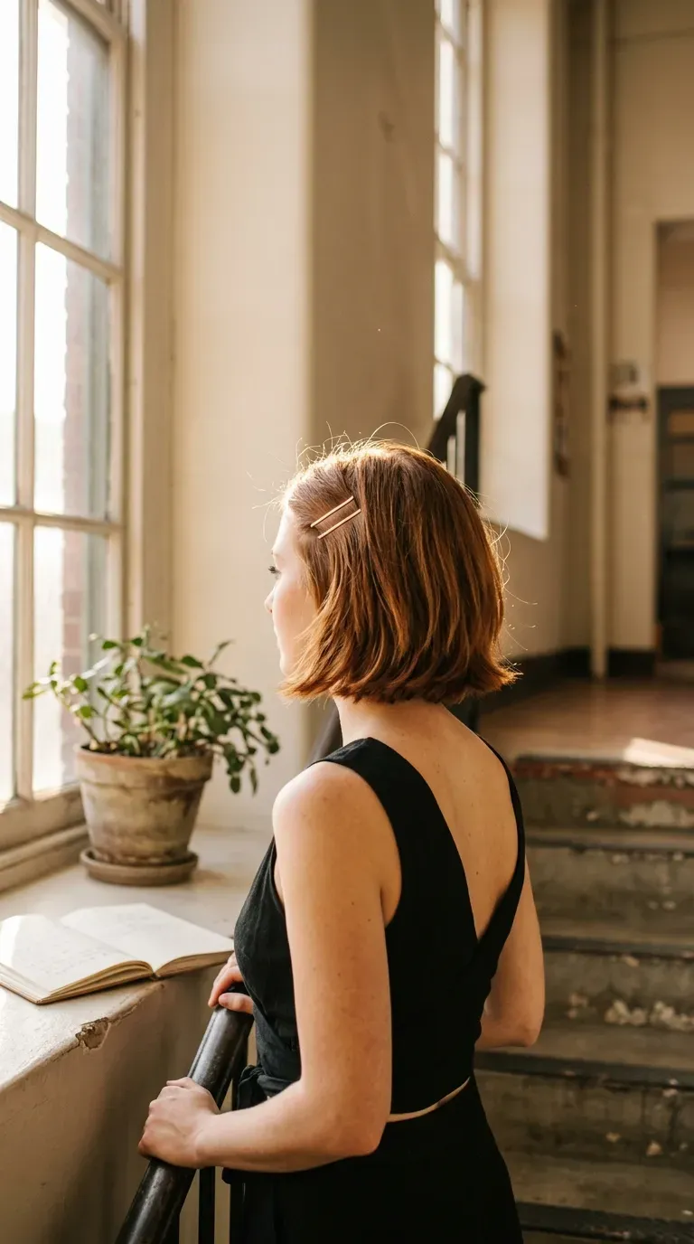 Over the shoulder view of side swept bangs pinned with a tiny braid