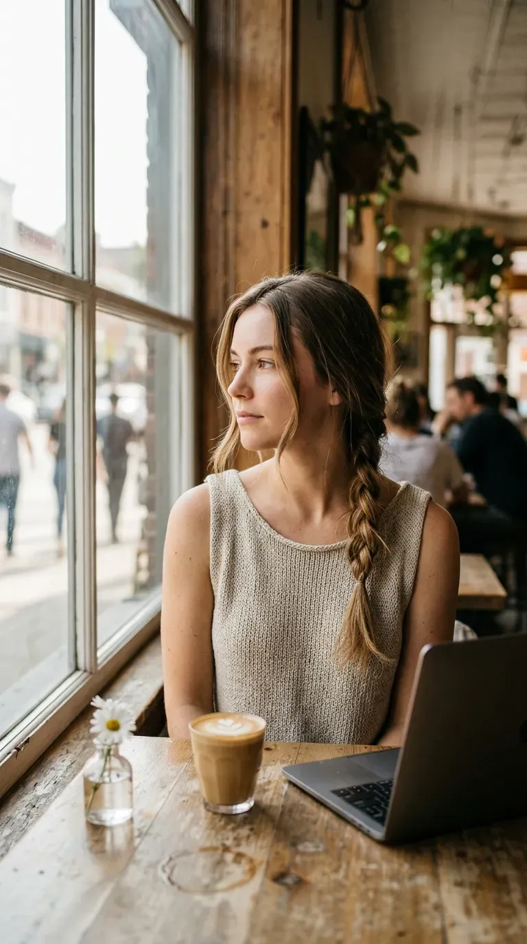 Three quarter view of a side swept braid over one shoulder near a cafe window