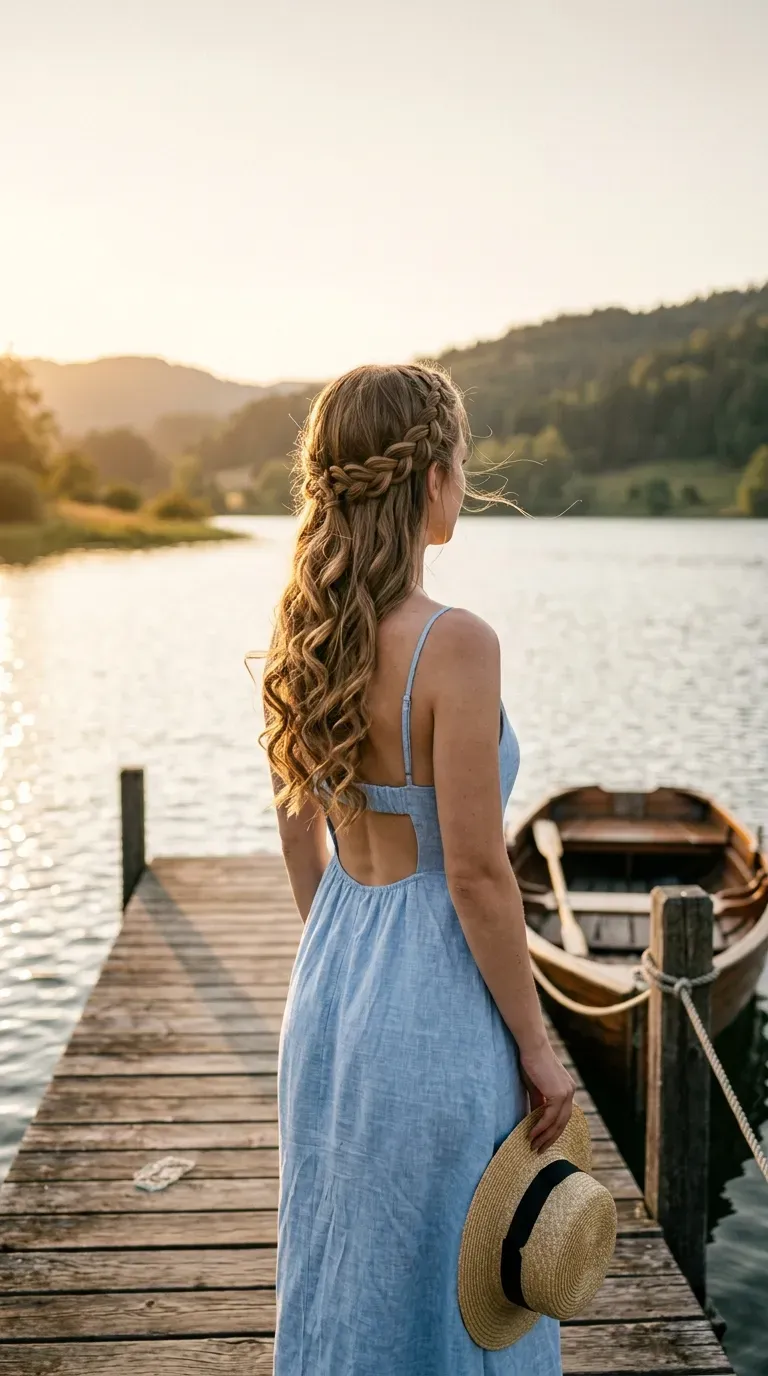 Back view of a side swept braid crown with long curls by a lake