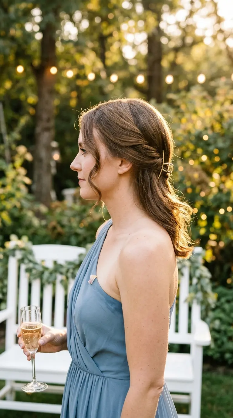 Side profile of a brunette side swept twist with a gold clip below one ear