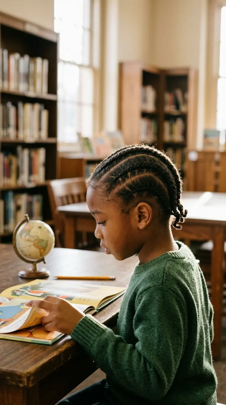 Side profile of a boy with side swept cornrows reading at a library table