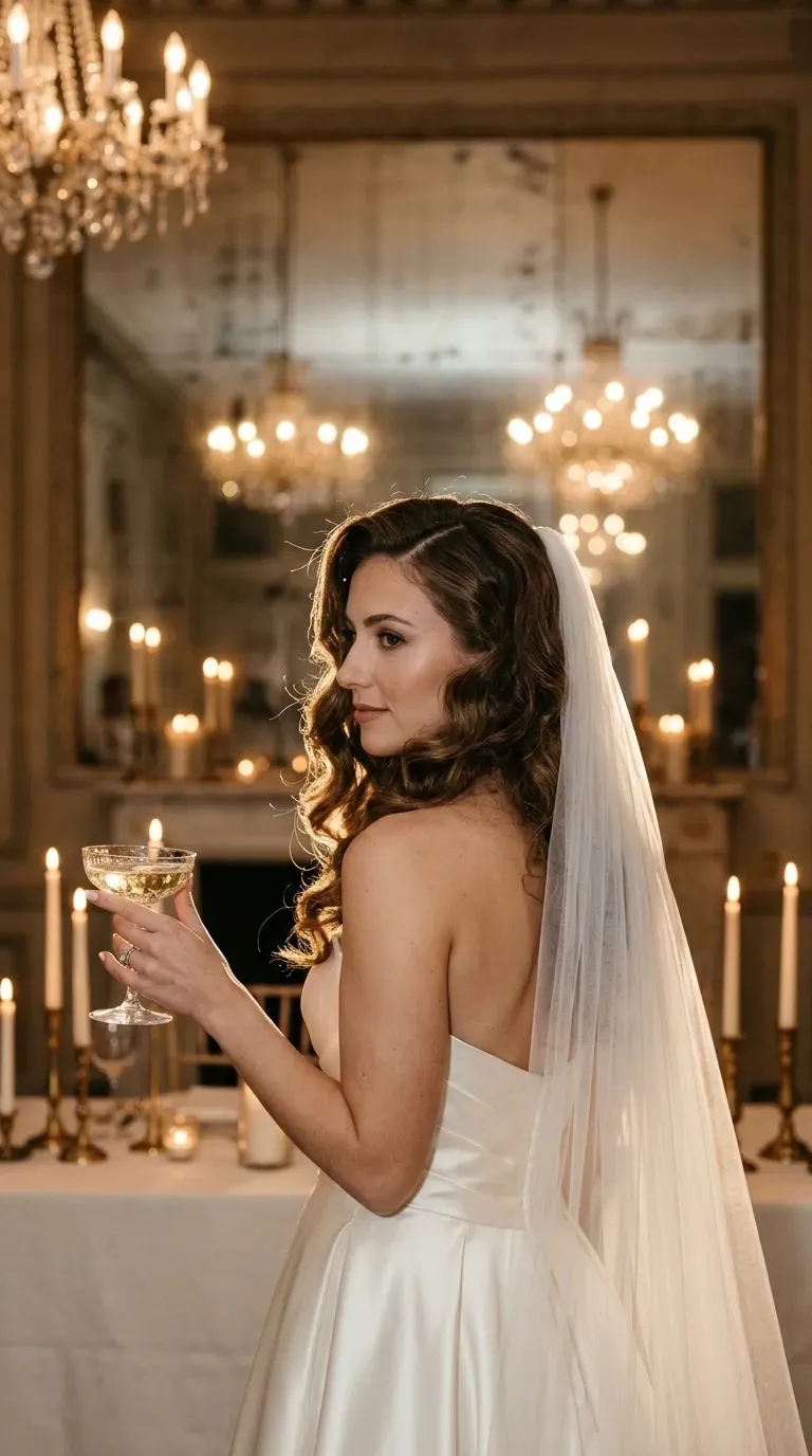 Over the shoulder view of side swept curls with a long bridal veil