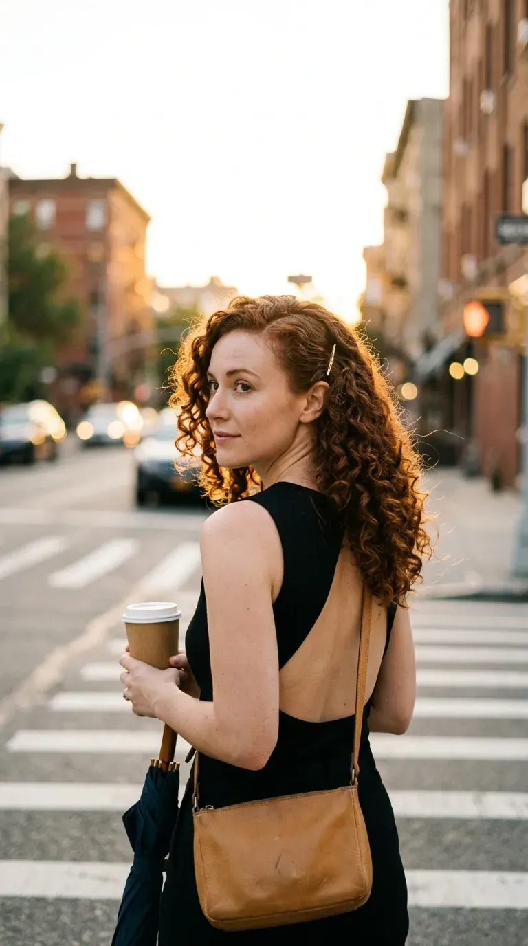Over the shoulder view of side swept curls pinned with a barrette on a street