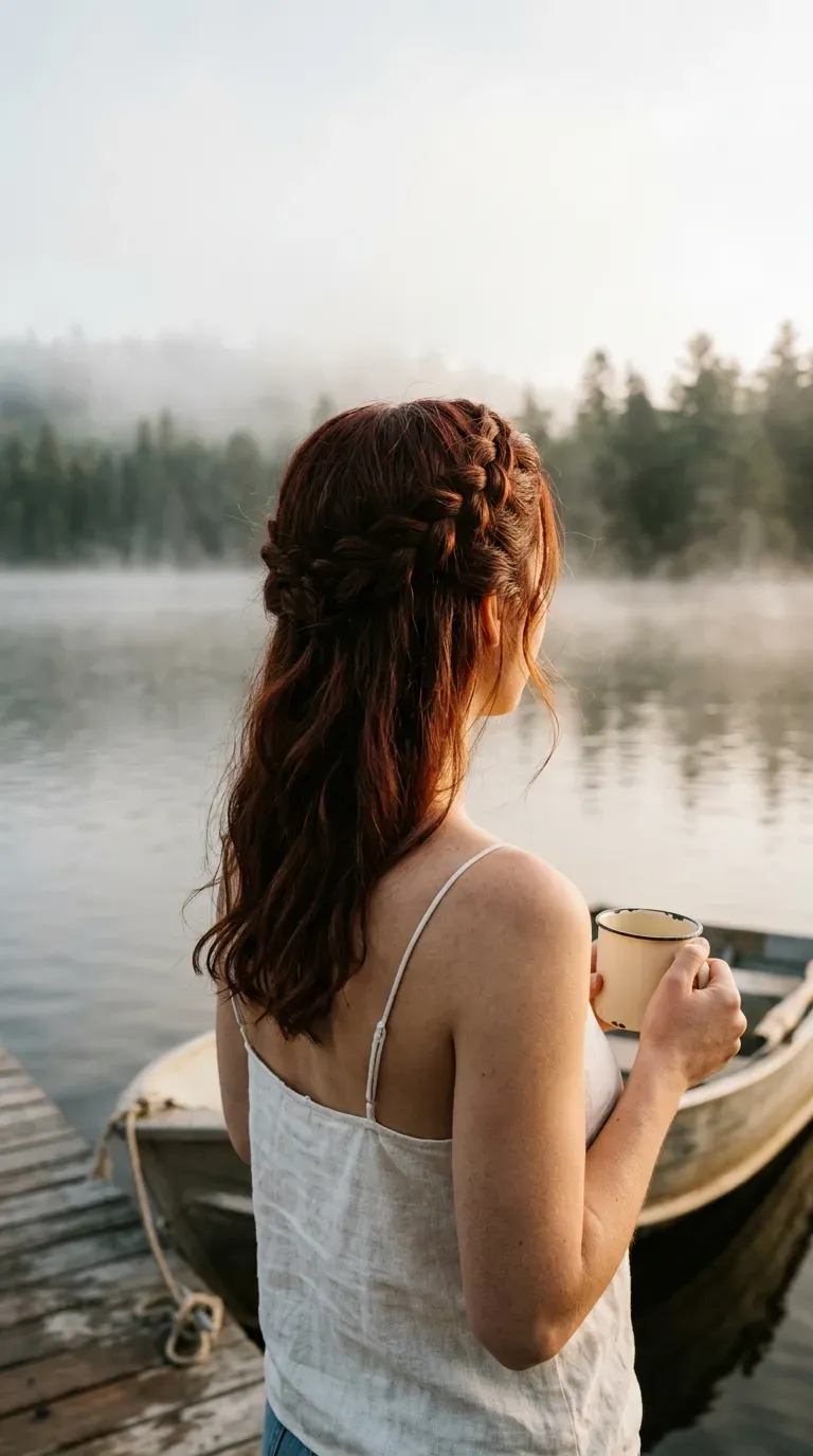 Back view of dark red hair with a side swept Dutch braid pinned up