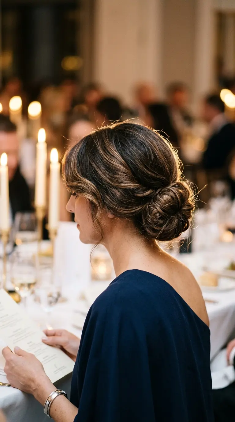 Side profile of a low bun pinned behind one ear with a deep side part