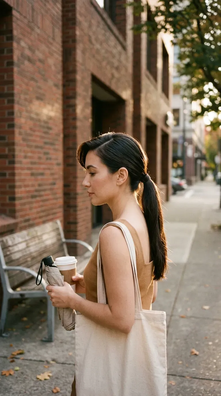 Side profile of a side swept low ponytail on a city sidewalk