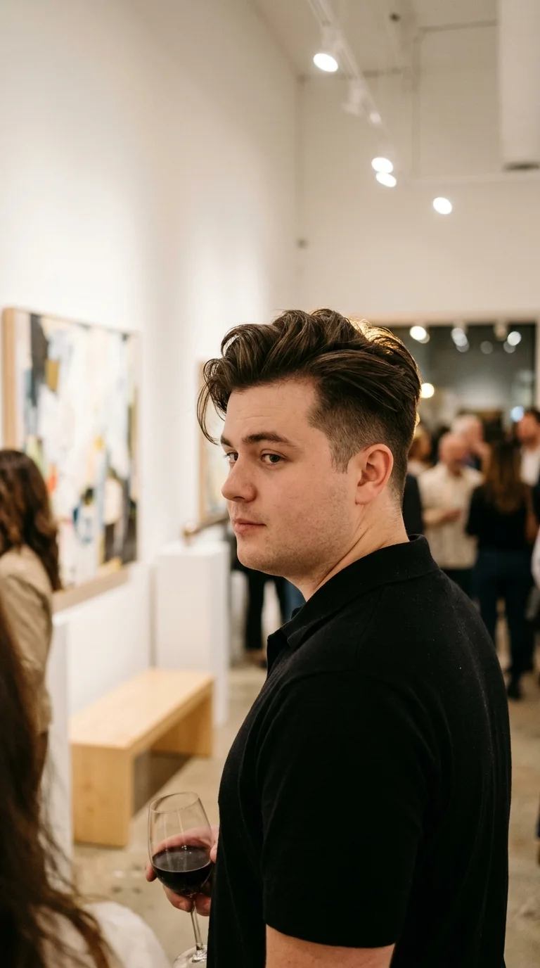 Over the shoulder view of a side swept undercut with volume at a gallery opening