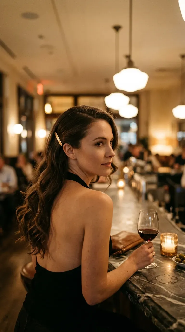Over the shoulder view of loose side swept waves pinned behind one ear