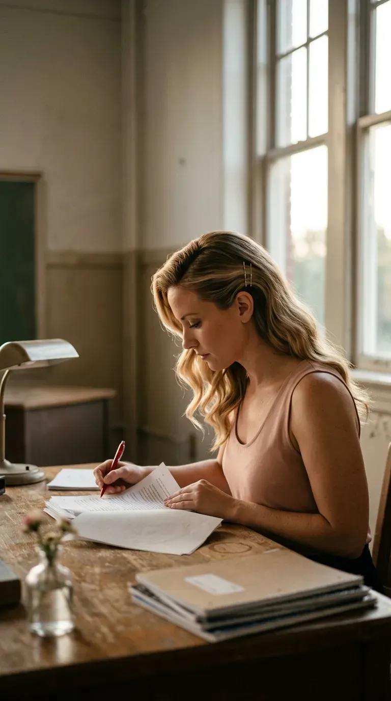 Side profile of side swept waves pinned with two barrettes at a grading desk