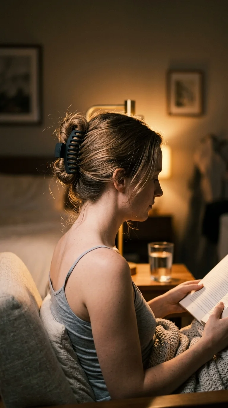 Side profile of a brown messy bun held by a sideways claw clip in lamplight