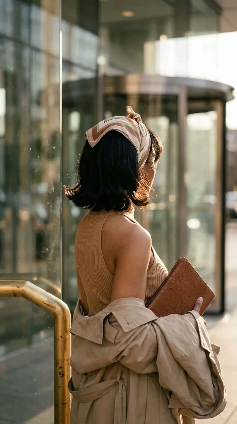 Three quarter back view of a flipped bob with a silk scarf headband