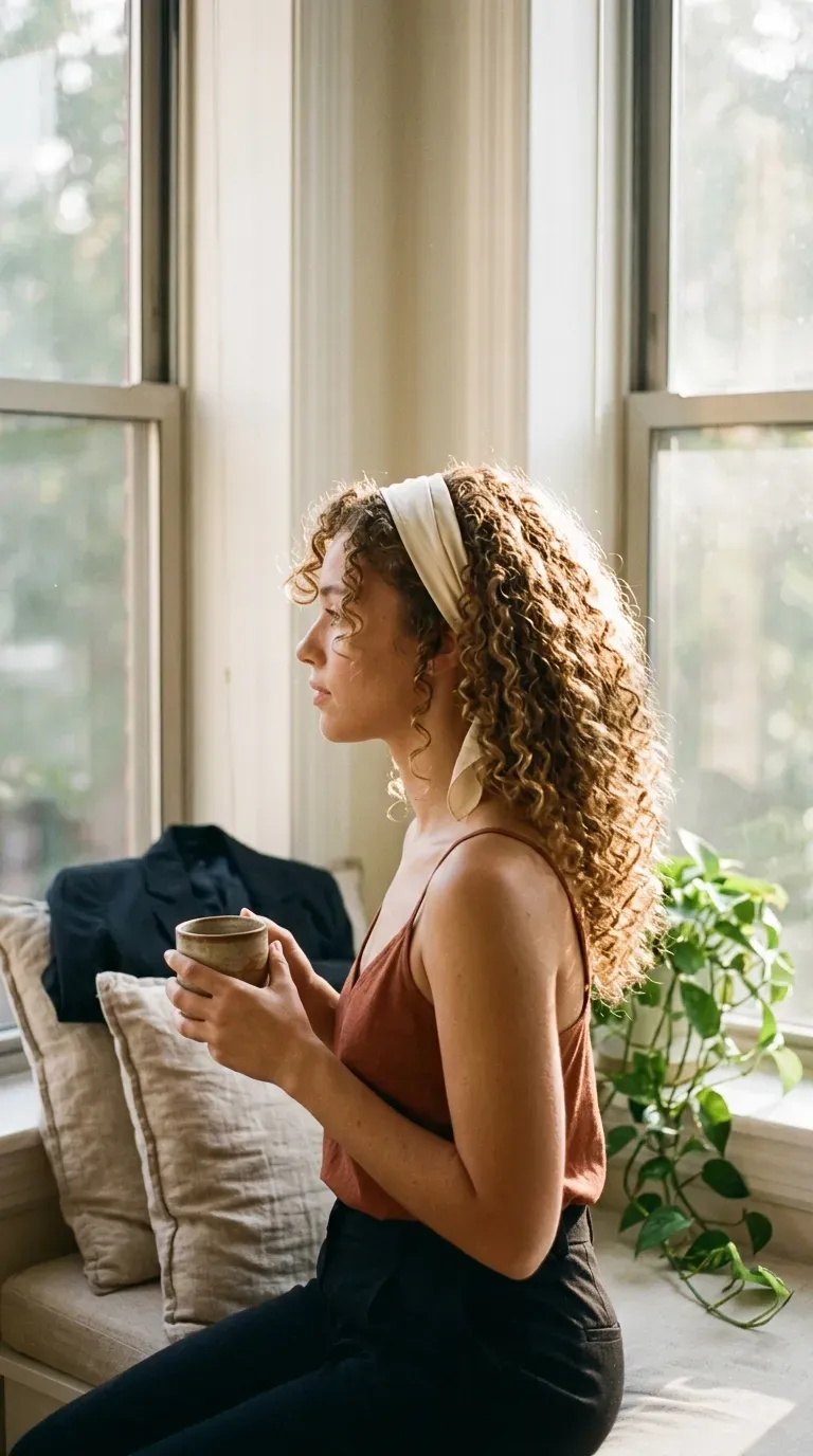 Side profile of loose curls held back with a silk scarf headband