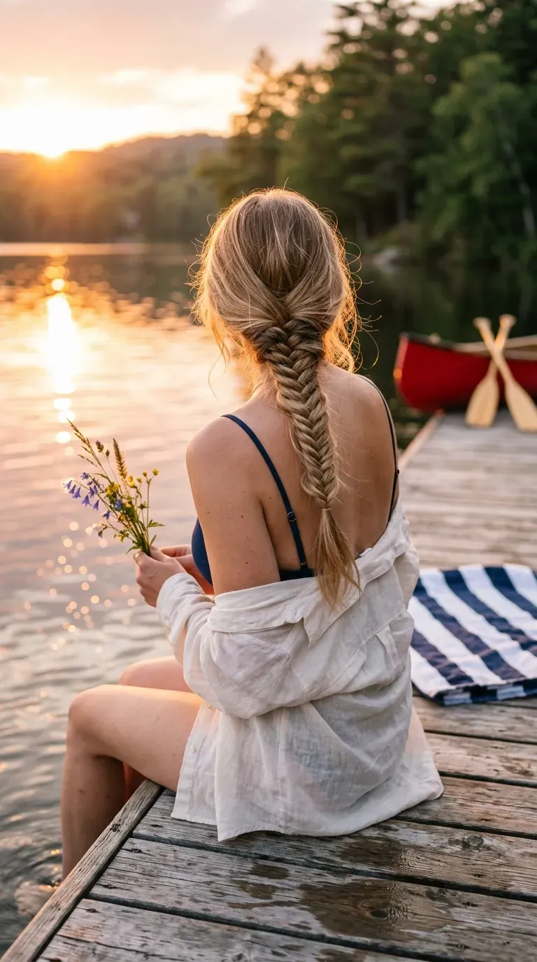 Low ponytail wrapped with a patterned silk scarf on a sunny train platform