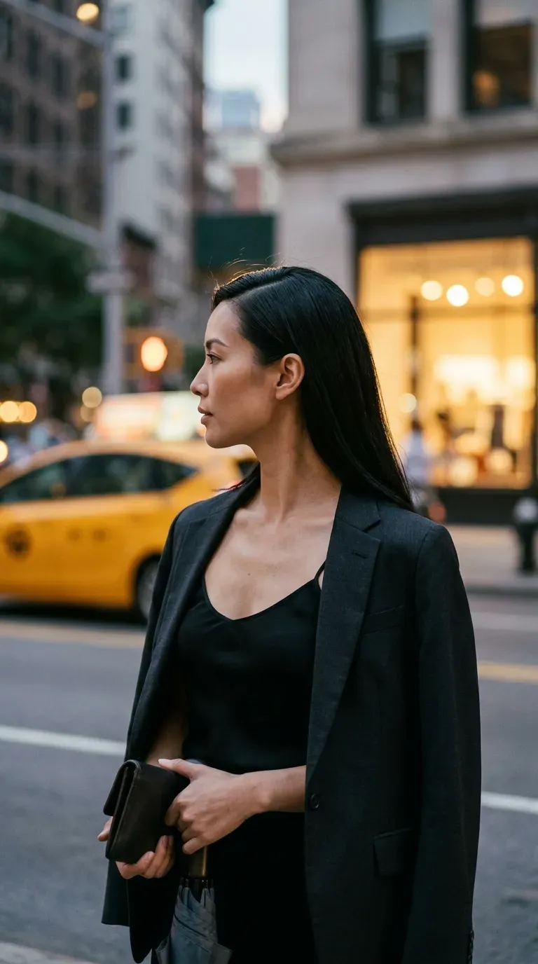 Over the shoulder view of a low ponytail wrapped with a silk scarf